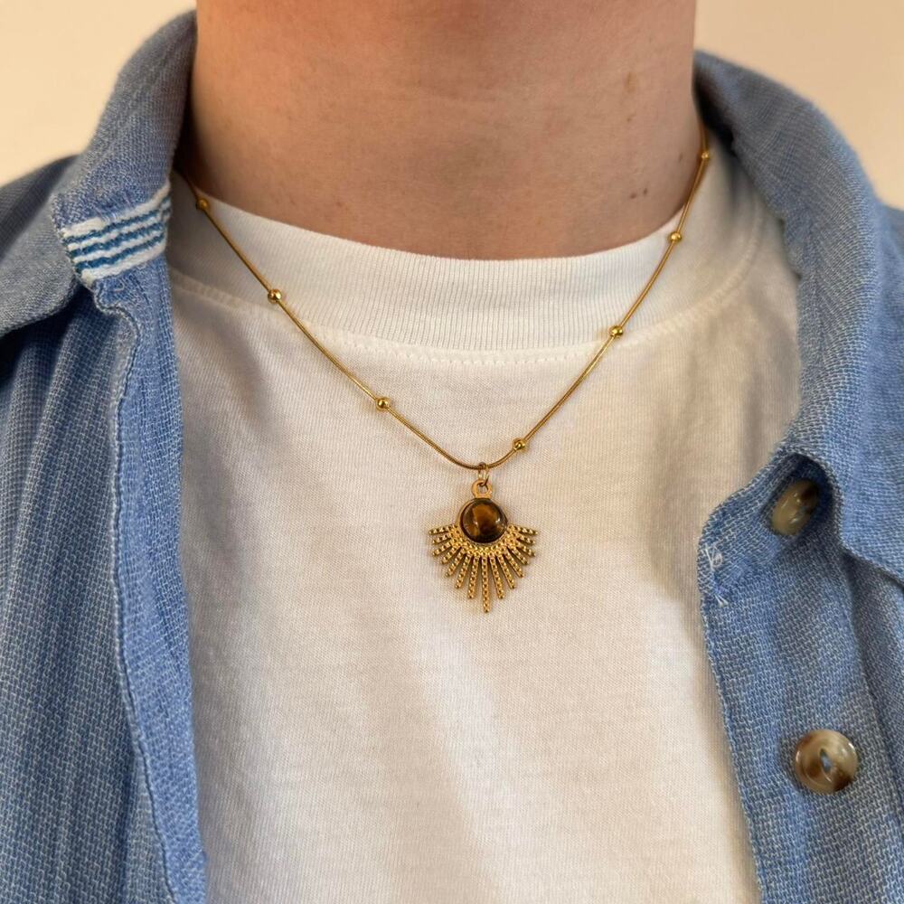 Y2K Gold Brown Opal Mayan Necklace Unisex 20" Simple Chain Great Quality